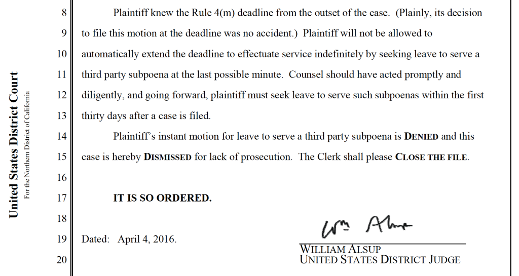 J. Alsup denies subpoenas in 3:15-cv-06075-WHA and others